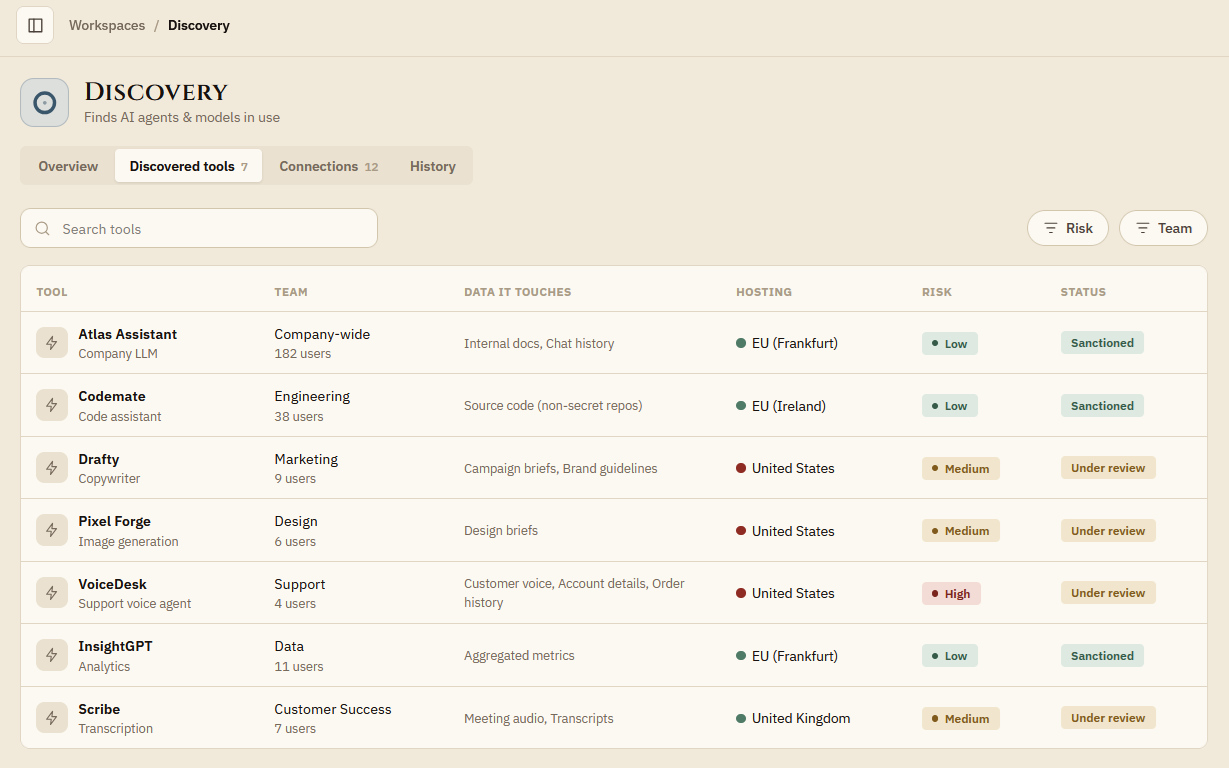 CAIUS risk view scoring each AI system in plain language